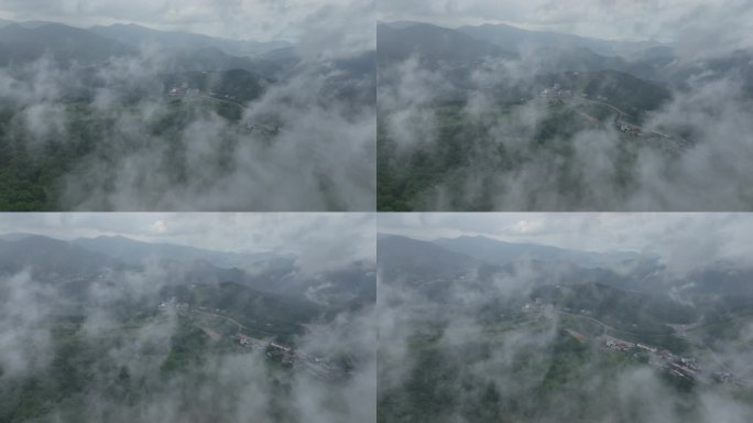 透过雾的鸟瞰图，展示了日本滋贺群山中的一个小镇
