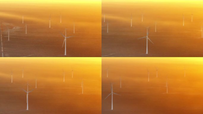 航拍晨曦中的戈壁风力发电场