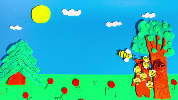 定格动画从橡皮泥。蜜蜂在森林里一棵树上的蜂巢附近飞