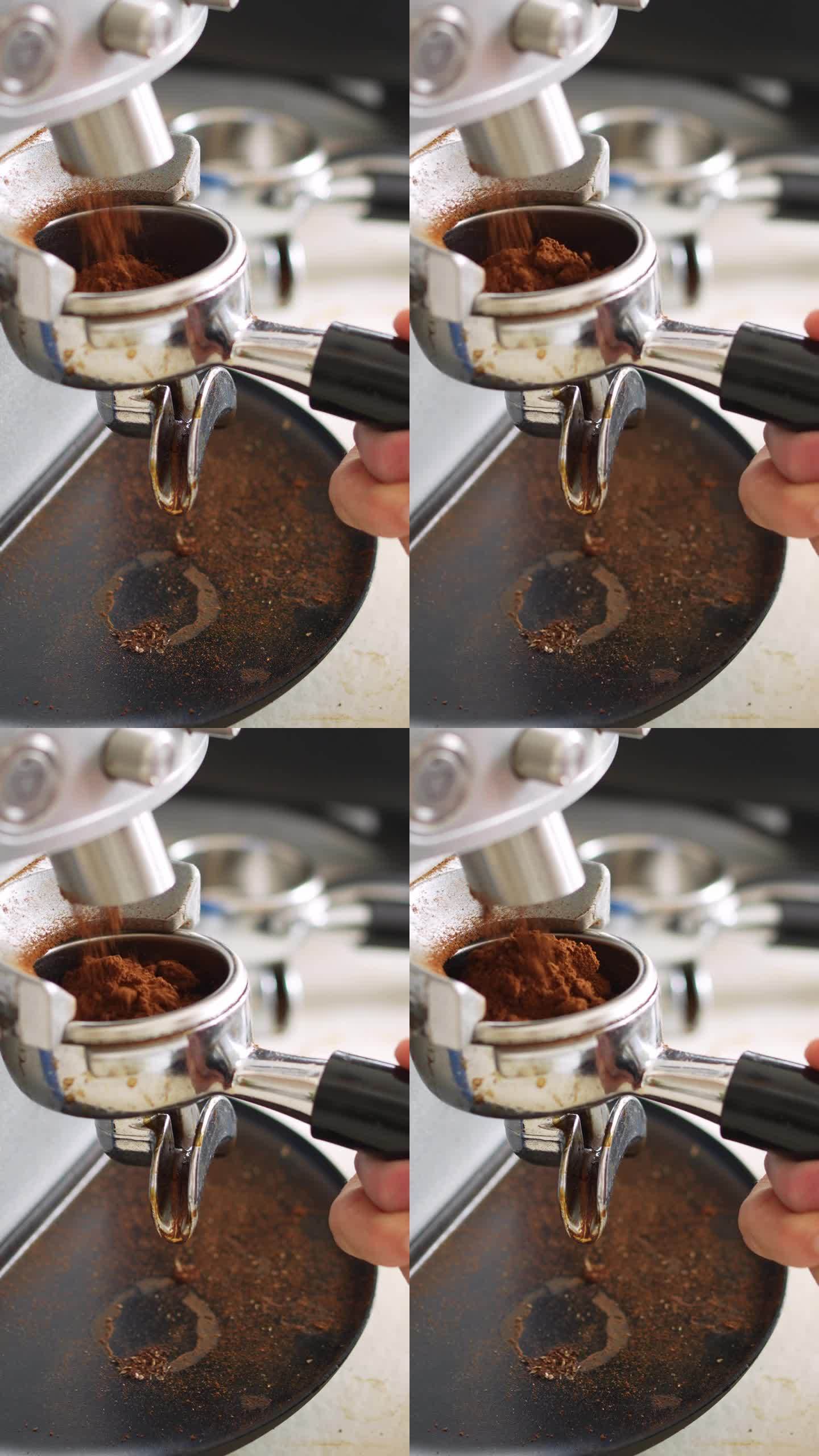 咖啡师把咖啡渣放进咖啡机里