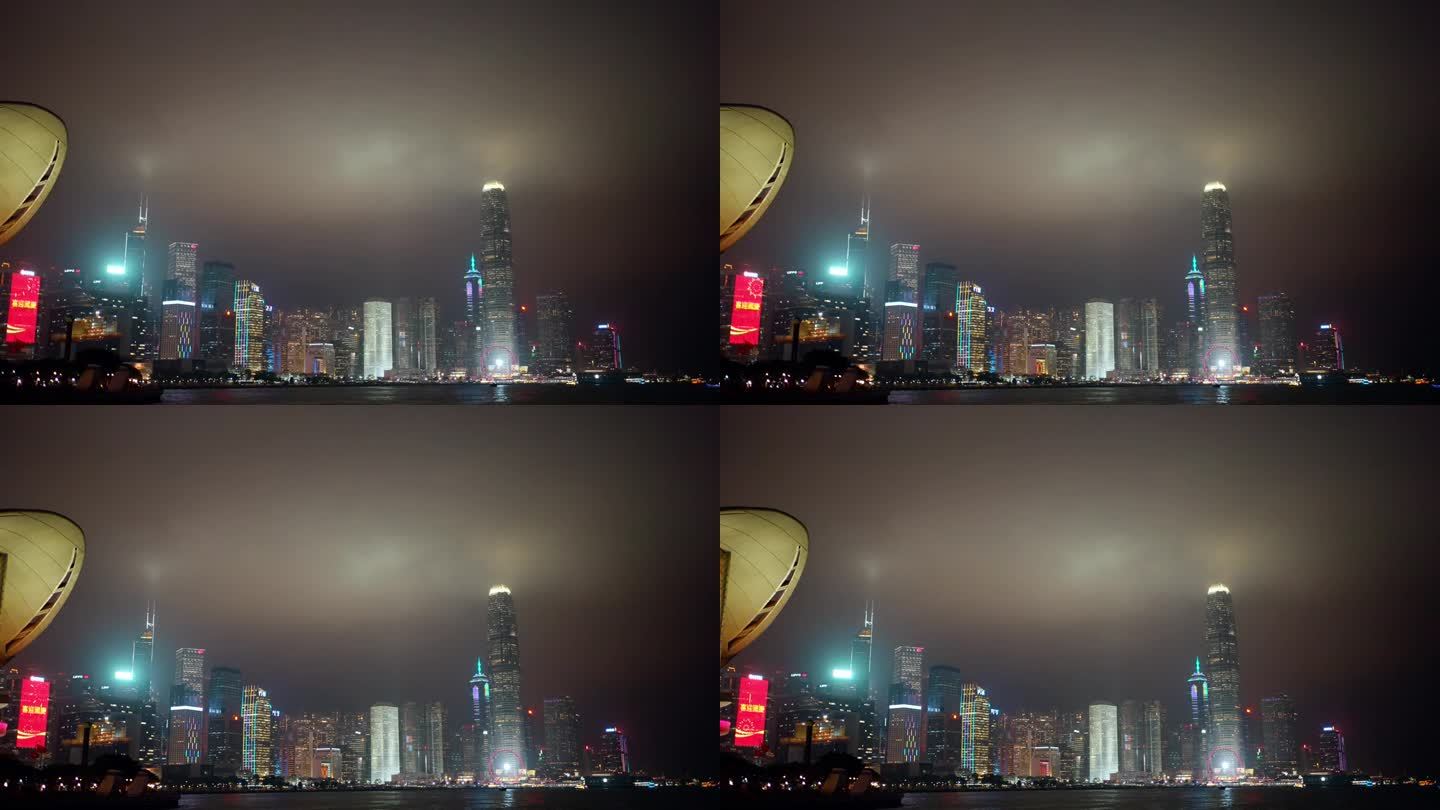 黄昏的香港天际线有雾，从天星小轮眺望