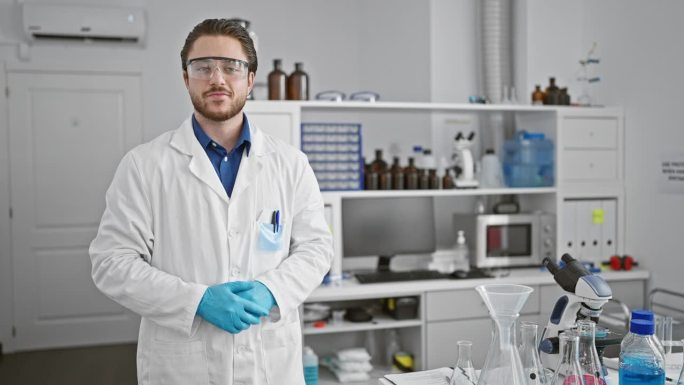 年轻的西班牙裔科学家微笑着自信地走在实验室里