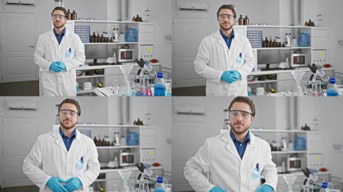 年轻的西班牙裔科学家微笑着自信地走在实验室里