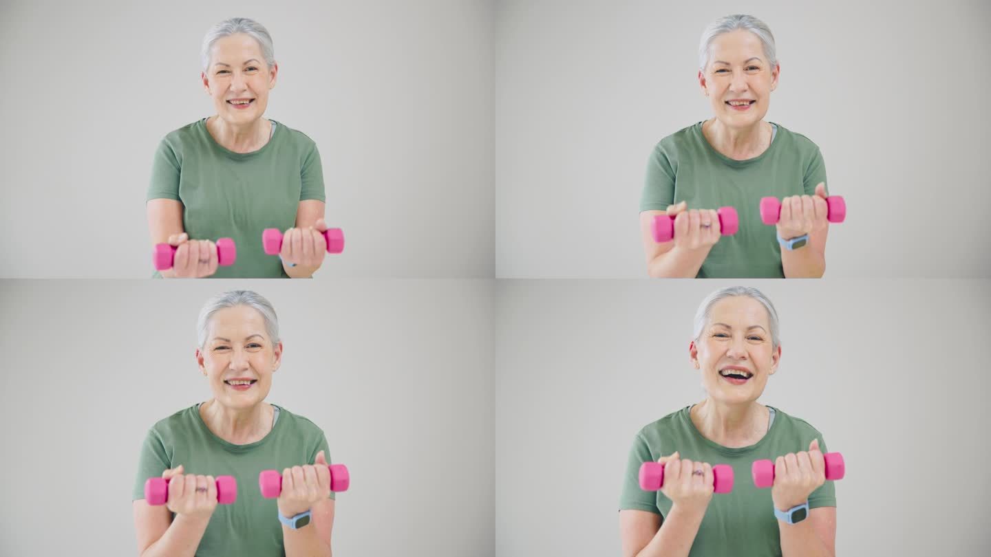 哑铃、面部或老年妇女在健身时锻炼身体或在退休时强健臂膀。微笑，墙壁背景或快乐的老太太训练或举重为健康