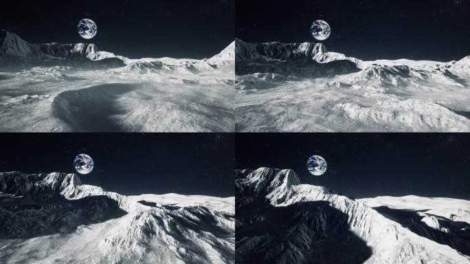 超凡脱俗的月球表面在下面展开，展示了其独特的月球景观。当我们穿越天体，悬浮在浩瀚的太空中。