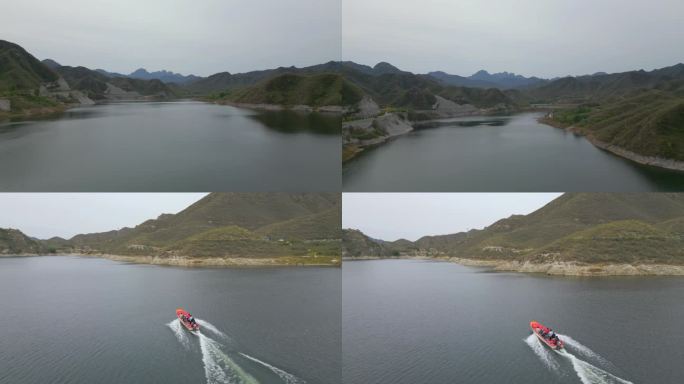 划过岸边人山川河流湖泊航拍青山绿水