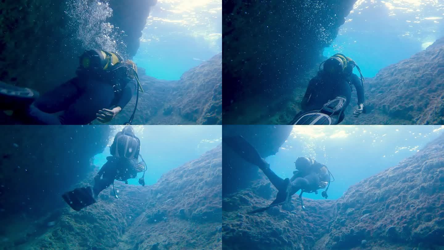 一个潜水者享受着在海里潜水的乐趣。水下图像。