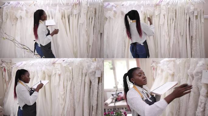 非裔美国女性员工，在豪华婚纱店盘点婚纱