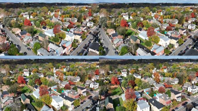秋天的美国小镇。房屋和房屋的航拍照片显示落叶。