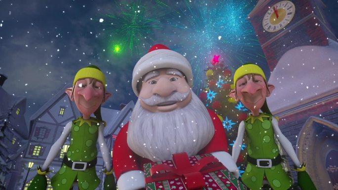 圣诞快乐，新年快乐动画。有趣的圣诞老人和两个童话小精灵出现在欧洲城市的一棵五颜六色的圣诞树下，手里拿