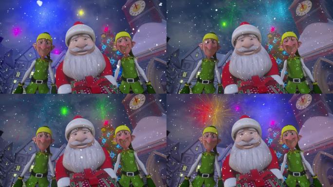 圣诞快乐，新年快乐动画。有趣的圣诞老人和两个童话小精灵出现在欧洲城市的一棵五颜六色的圣诞树下，手里拿