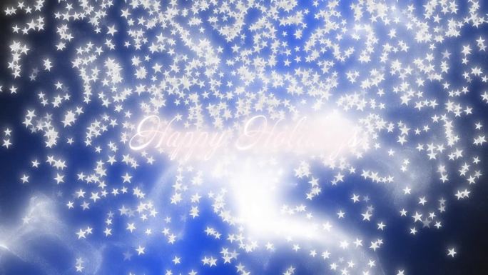节日快乐的祝福与白色粒子，而发光的白色星星从蓝色的背景上慢慢落下。圣诞快乐。新年快乐。模糊的动态图像