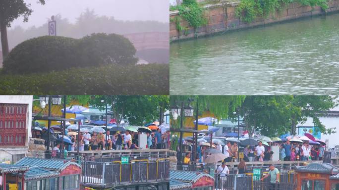 江苏苏州姑苏寒山寺江南水乡下雨季游客风景