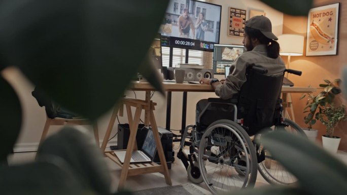 坐在轮椅上的年轻人在家用电脑编辑视频剪辑
