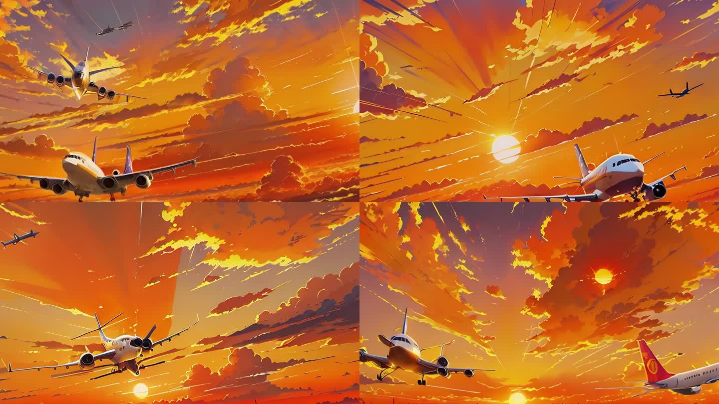 飞机从夕阳飞过
