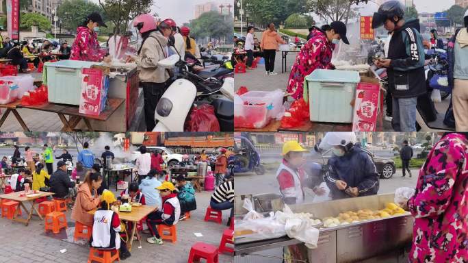 清晨街头早点街头人城镇霞天县城早餐小吃店