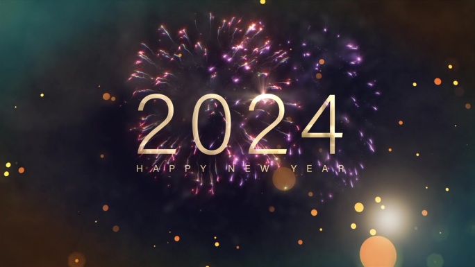 2024年新年快乐的效果电影标题预告片动画金色闪耀闪烁的文字在黑色背景与烟花金色散景颗粒和耀斑光。