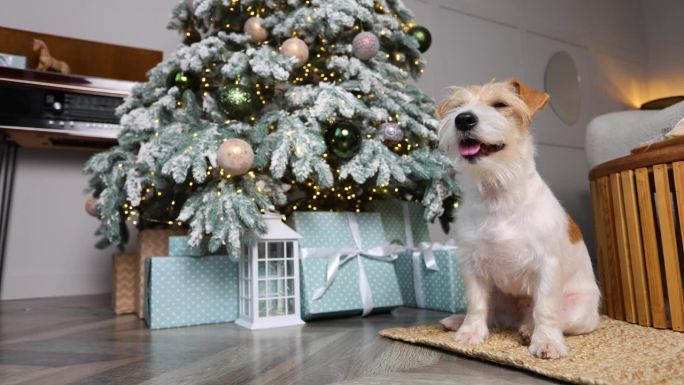 这只狗坐在圣诞树旁边的房间里。装有礼物的盒子。杰克罗素梗在新年装饰的房子里欢迎客人。节日的概念