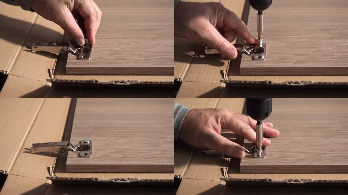 使用电动螺丝刀安装家具门铰链。