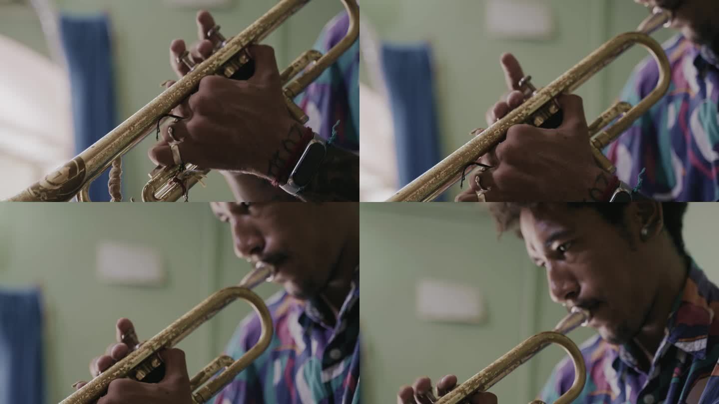 非裔美国人吹小号，练习拉丁爵士乐