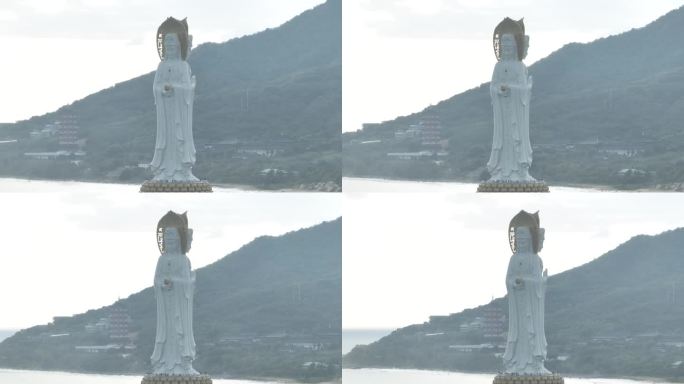 航拍的观音雕像在海边的南山寺，中国海南岛