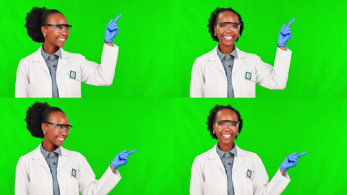 黑人女性，科学家，在工作室背景下指着绿色屏幕进行营销或广告。非洲女性在医疗科学领域的形象展示了医学研