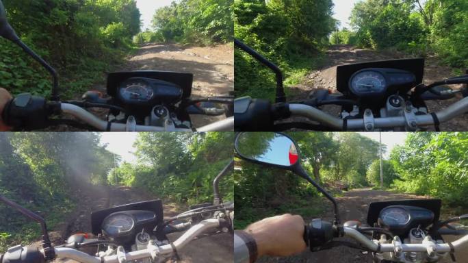 摩托POV:摩托车爬上陡峭的车辙，侵蚀的乡村土路