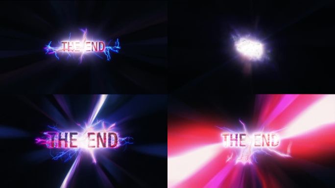 结束粉红色霓虹3D文本与闪电抽象科幻词未来的电影高科技标题背景。片尾预告片的尾盖