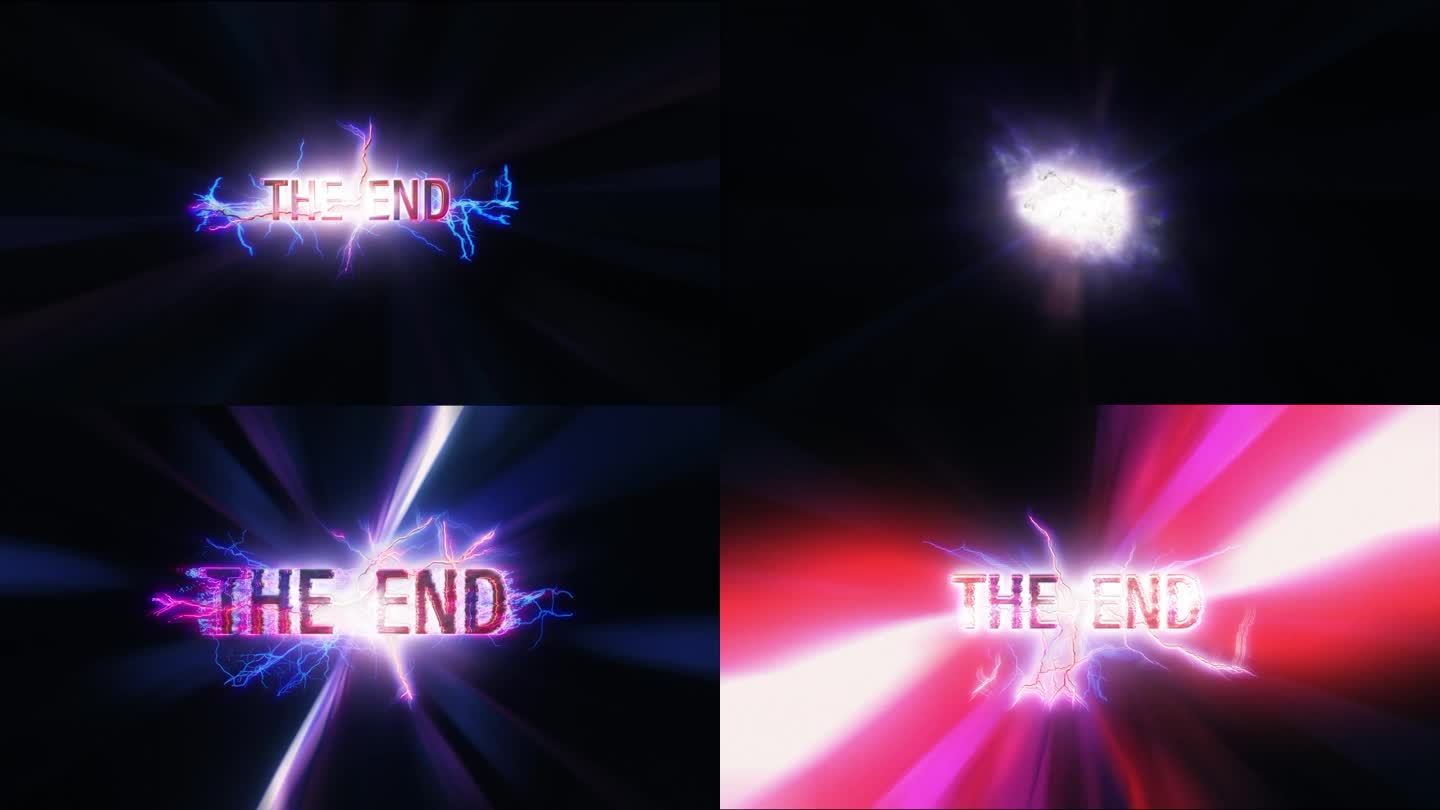 结束粉红色霓虹3D文本与闪电抽象科幻词未来的电影高科技标题背景。片尾预告片的尾盖