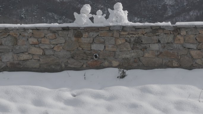 航拍威海里口山水库大坝堤岸上的三个小雪人