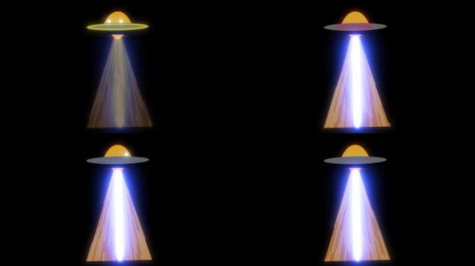 Ufo光线。黑色背景的Ufo的2d卡通动画。Allian科学概念背景，不明飞行物在黑暗阿尔法通道飞行
