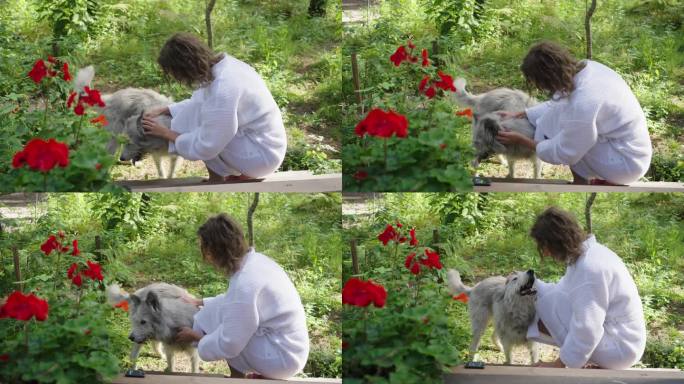 花园里的女人抚摸着狗。女孩在花草间爱抚和抓抓快乐的小狗