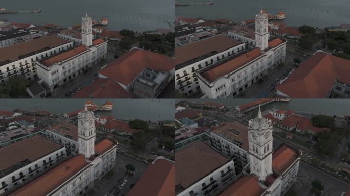 log模式航拍槟城马来联邦铁道局大楼钟楼
