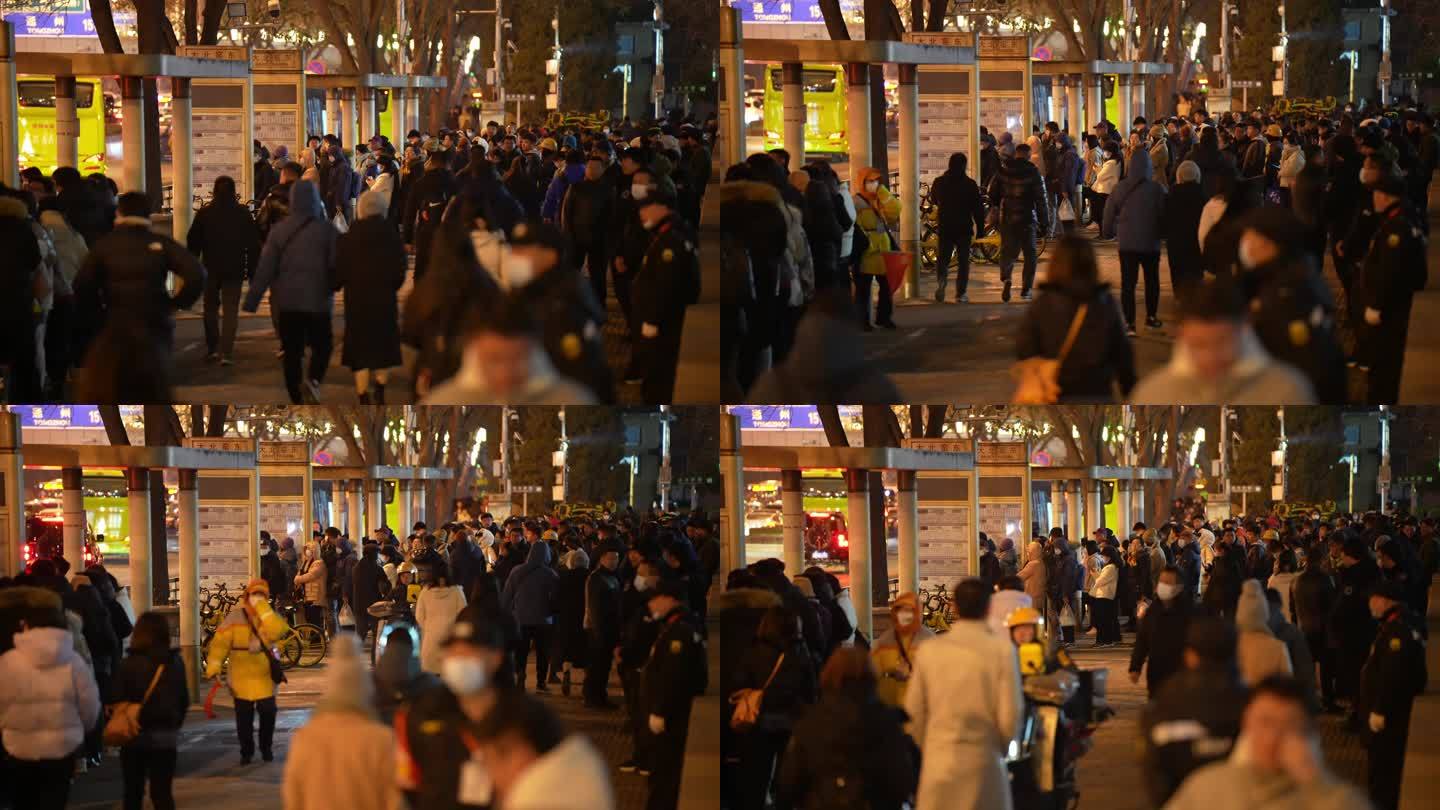实拍4K北京城市夜晚人群下班等公交