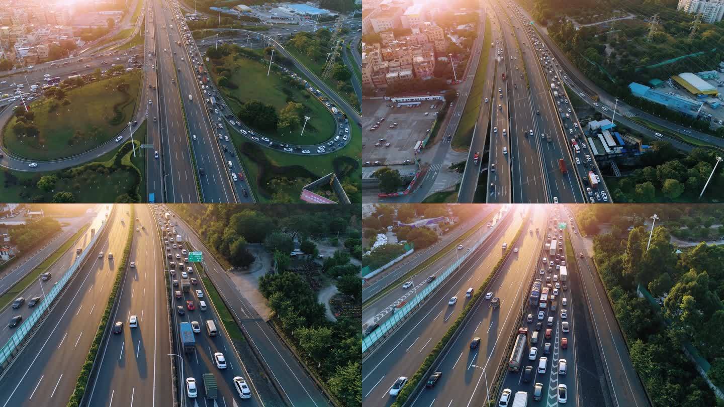 城市夕阳下的立交桥高速公路