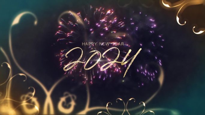 2024新年快乐金色文字与金色雪花流在黑色背景和烟花。飘落的雪花雪花颗粒4K循环动画背景。圣诞快乐、
