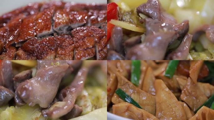 黑豆腐、烤鸭、酸菜鸡杂、炒笋等农家菜