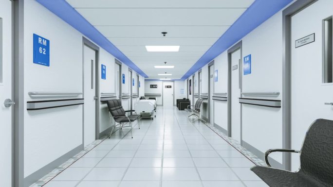 3d动画渲染。在现代医院的空走廊行走。4k 30fps