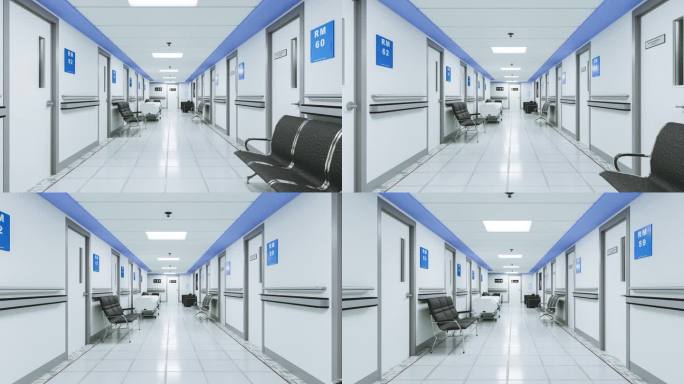 3d动画渲染。在现代医院的空走廊行走。4k 30fps