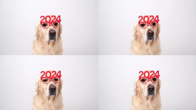 2024年是狗戴眼镜的新年。圣诞金毛猎犬坐在白色背景和红色眼镜。带宠物的新年贺卡。