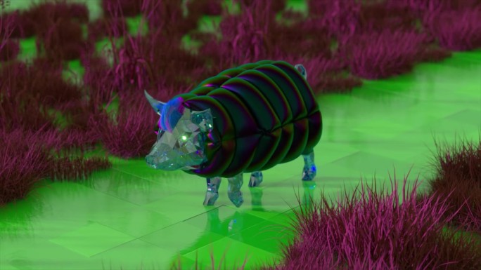 蓝刘海的钻石猪，穿着时髦的衣服走在路上。紫色的草。三维动画无缝循环