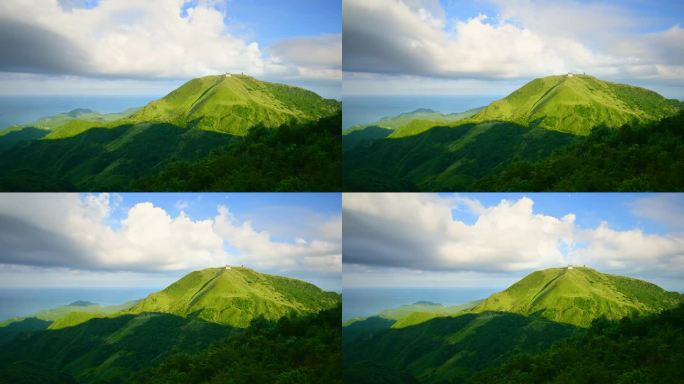 从基隆山上看五分山气象雷达站和大海。