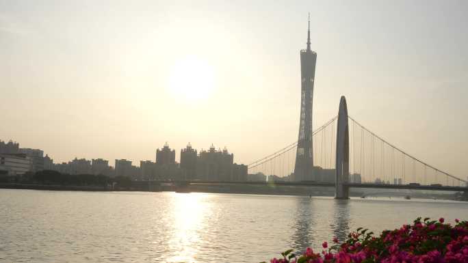 8K实拍广州珠江边猎德大桥小蛮腰下午落日