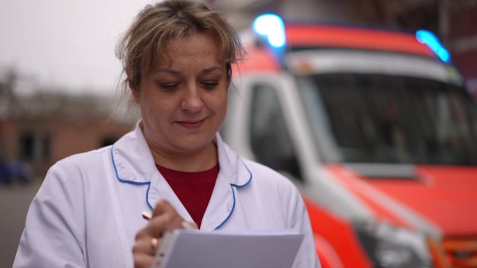 一名身穿白色大褂的女护理人员站在救护车的背景下，在纸上写下病人的病史。