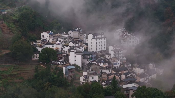 航拍安徽徽州皖南群山云海河流仙境云端村落