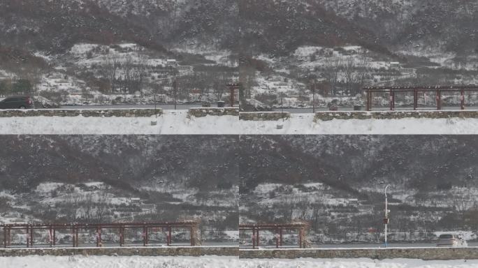 航拍威海里口山水库大坝冬季雪景景观