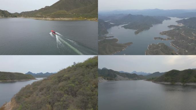 保定易县易水湖航拍青山绿水河流游艇山川