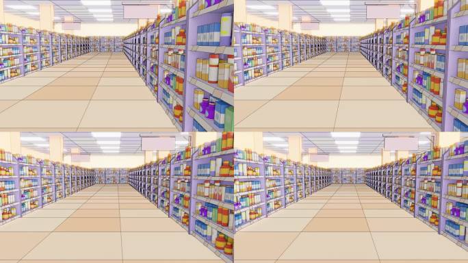 卡通超市动画。3d渲染相机移动。三维渲染动画
