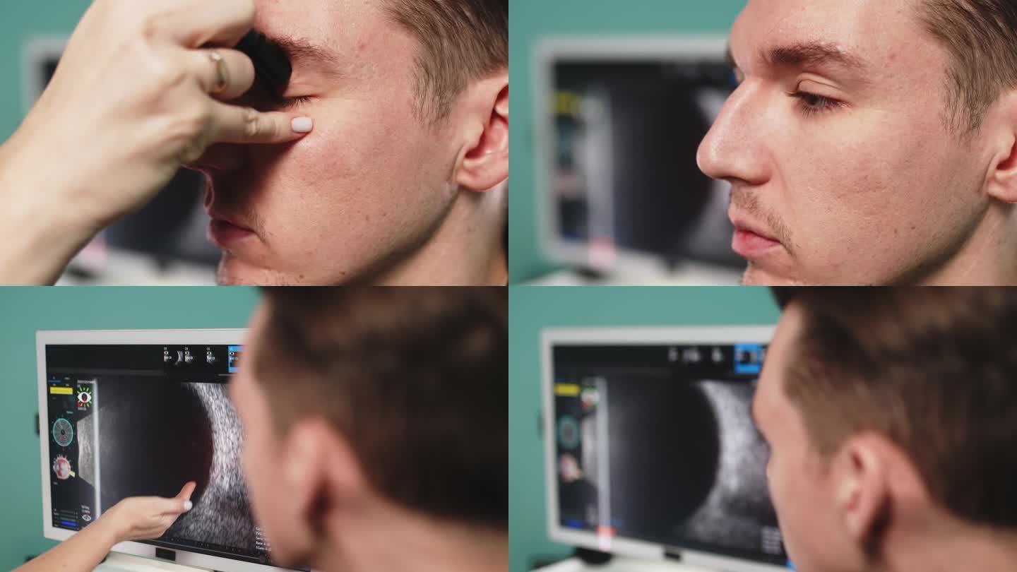 在一家现代诊所里，眼科医生为一位年轻人的眼睛做了一次深度检查。现代视觉诊断技术的概念。