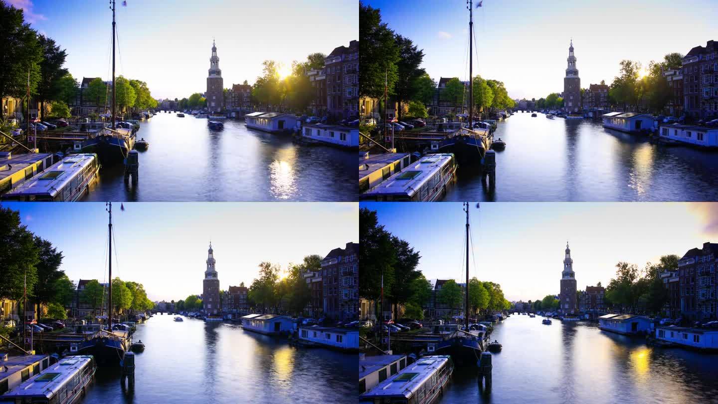 荷兰阿姆斯特丹逆光光芒忙碌繁忙港口码头